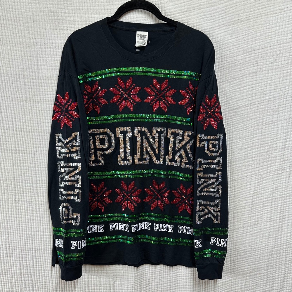Victoria's Secret Pink Bling Campus Holiday Tee Shirt Fair Isle Snowflakes M